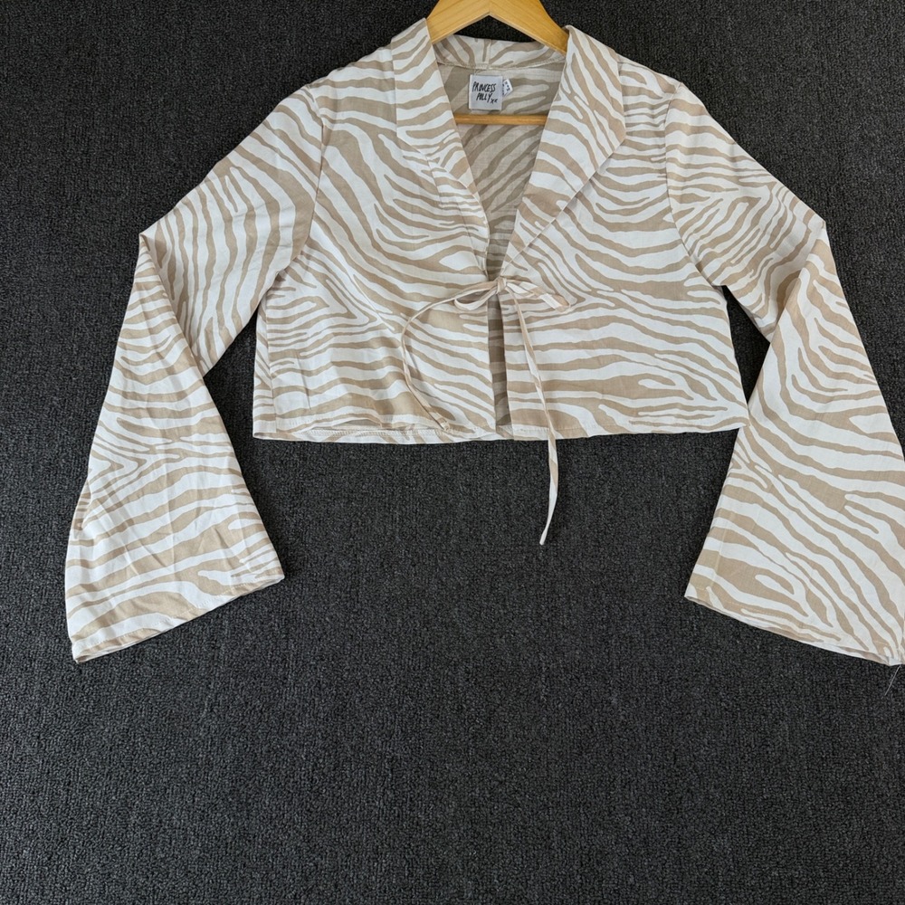 Princess Polly Zebra Print Crop Top Tan White Tie Front Bell Sleeve Blouse 6